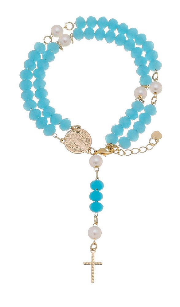 Terço de Pulso São Bento de Cristal Azul Claro
