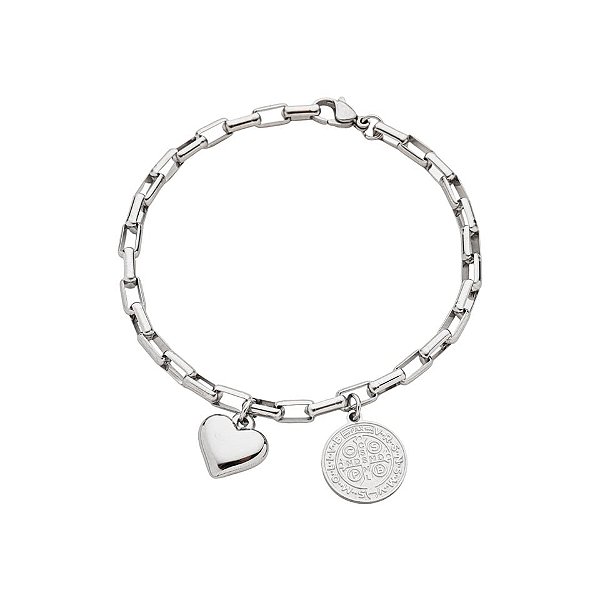 Pulseira de São Bento em Inox Pingente de Coração e Elos Quadrados