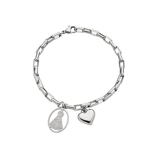 Pulseira Nossa Senhora Aparecida em Inox Pingente de Coração e Elos Quadrados
