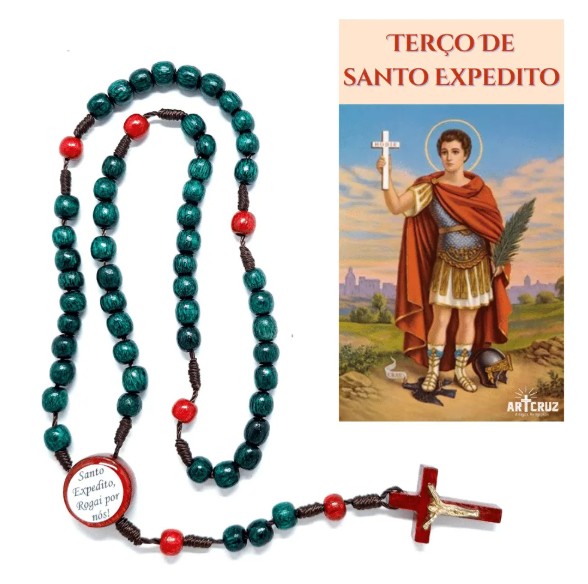 Terço de Santo Expedito em Madeira com Folheto
