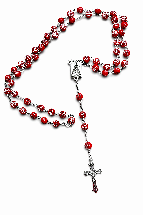 Terço Colar Nossa Senhora Aparecida Contas Formato Rosas 8mm Cor Vermelho