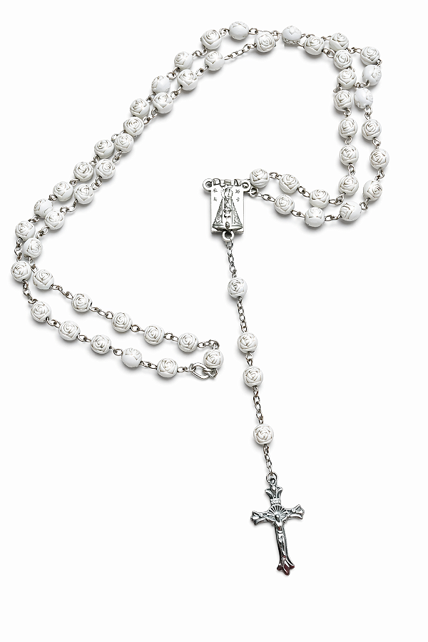 Terço Colar Nossa Senhora Aparecida Contas Formato Rosas 8mm Cor Branco