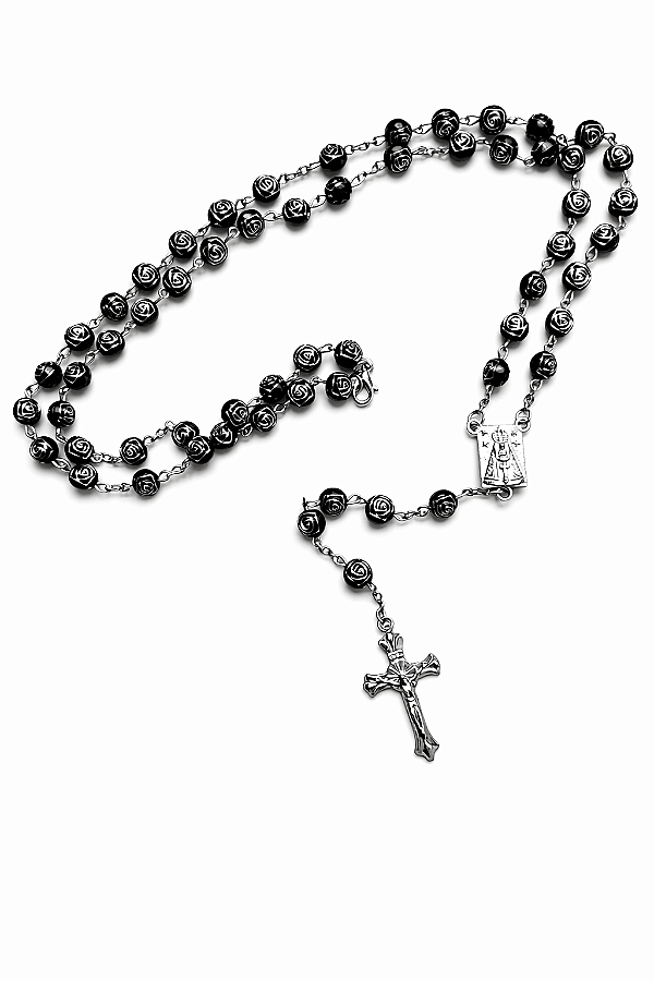 Terço Colar Nossa Senhora Aparecida Contas Formato Rosas 8mm Cor Preto