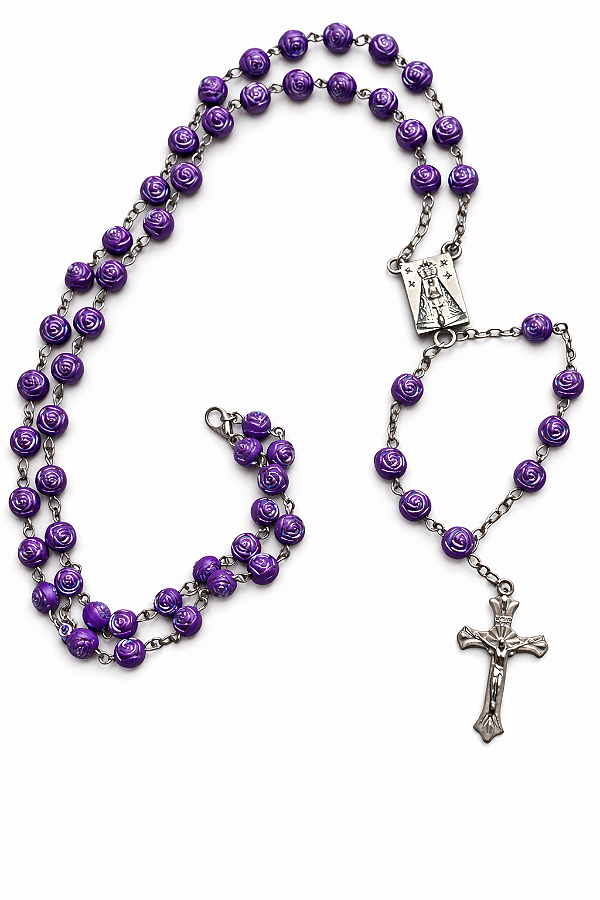 Terço Colar Nossa Senhora Aparecida Contas Formato Rosas 8mm Cor Roxo