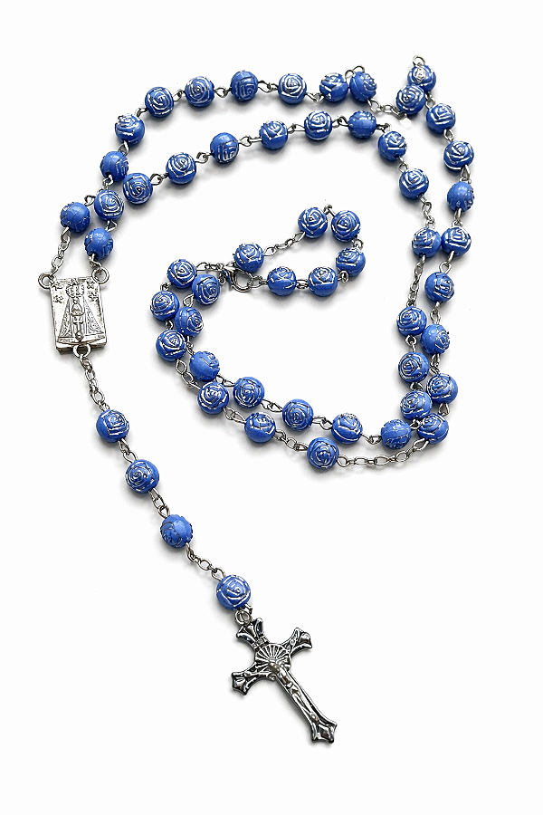 Terço Colar Nossa Senhora Aparecida Contas Formato Rosas 8mm Cor Azul