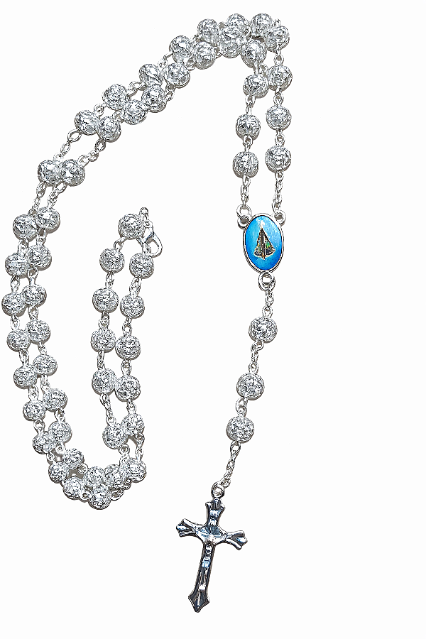 Terço Colar Nossa Senhora Aparecida Contas Formato Rosas Prateadas 8mm Cor Transparente