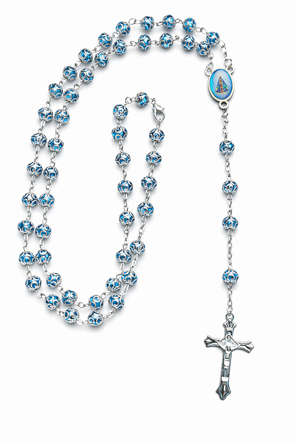 Terço Colar Nossa Senhora Aparecida Contas Formato Rosas Prateadas 8mm Cor Azul