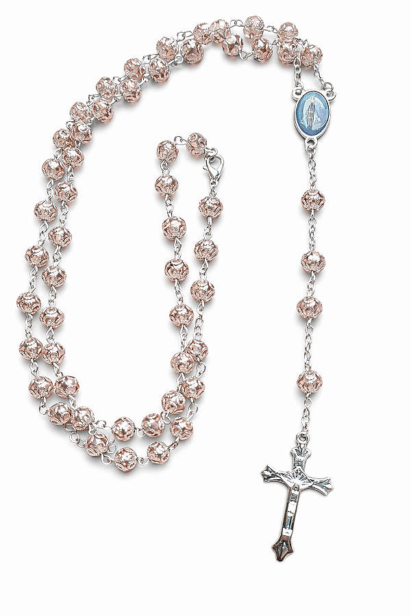 Terço Colar Nossa Senhora Aparecida Contas Formato Rosas Prateadas 8mm Cor Rosa Claro