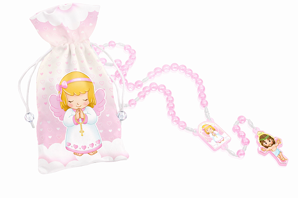 Terço Infantil Anjo da Guarda com Saquinho Rosa