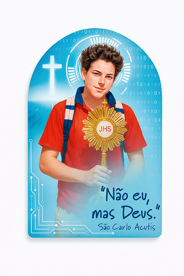 Adesivo Resinado Imagem de São Carlo Acutis – “Não eu, mas Deus”