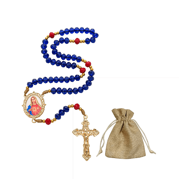 Terço Cristal Luxo Imaculado Coração de Maria com Saquinho
