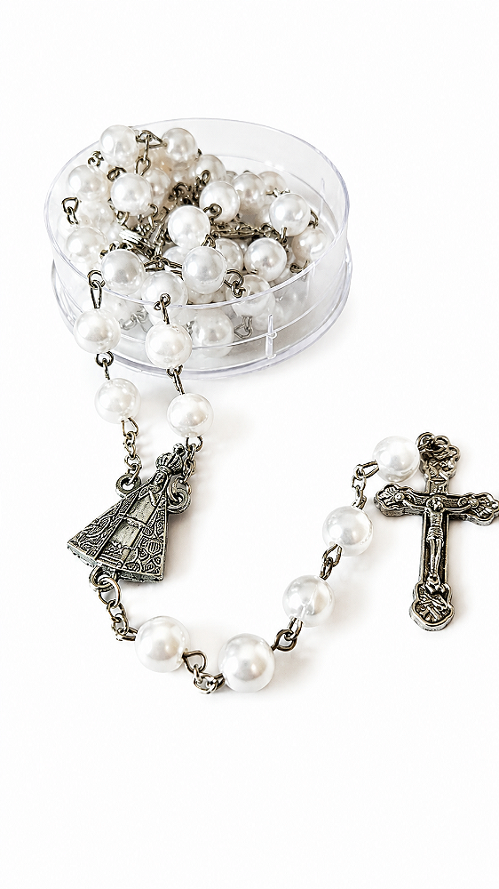 Terço de Nossa Senhora Aparecida em Perola Branca 8mm