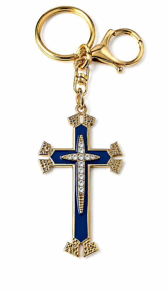 Chaveiro Cruz Folheado Azul Pequeno com Strass