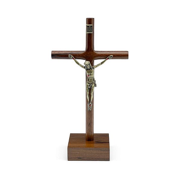 Crucifixo em Madeira Cilíndrica de Mesa 15cm com Chagas