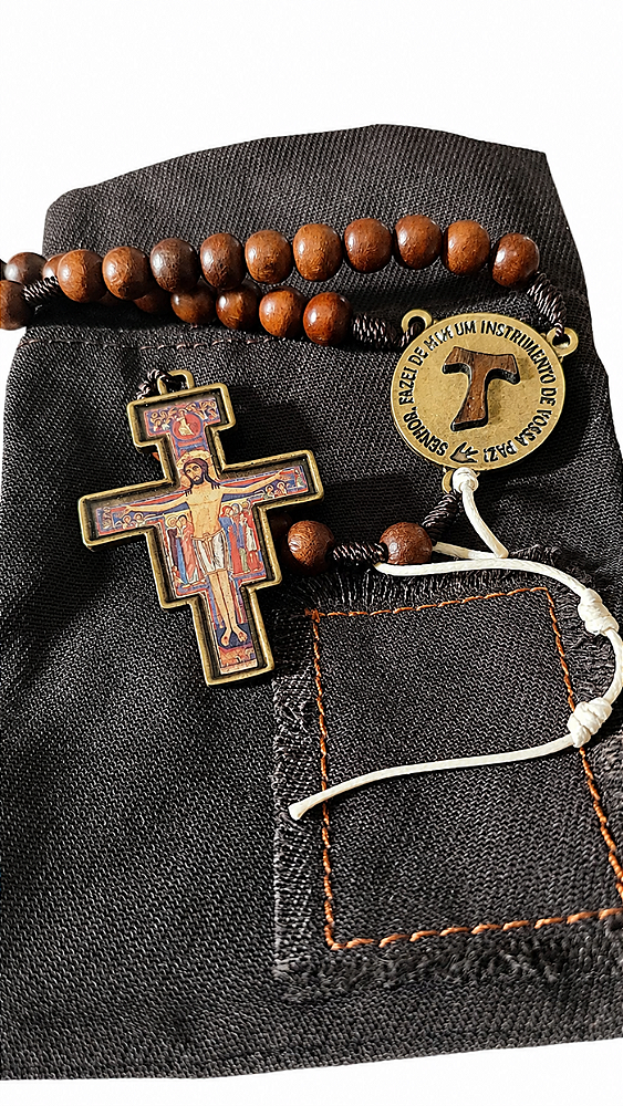 Terço Votos Franciscanos em Madeira de 8mm com Bolsa