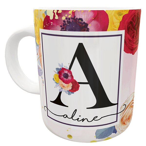Caneca com qualquer nome e inicial personalizados florido