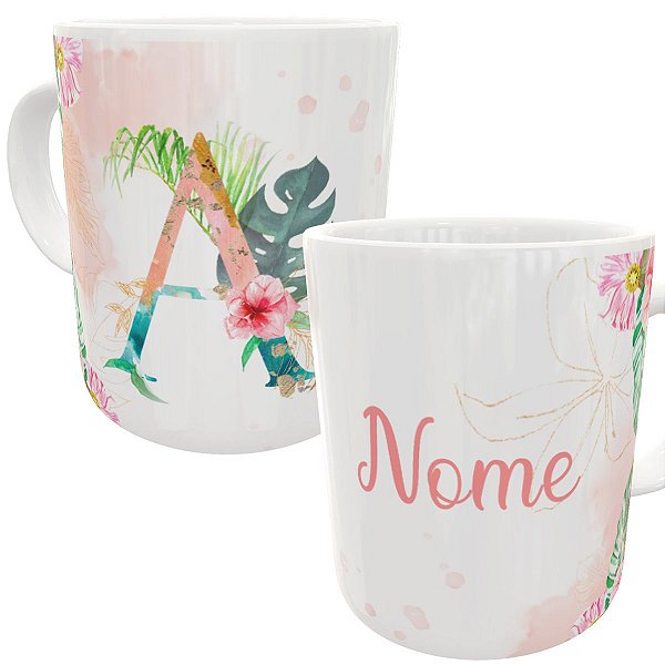 Caneca alfabeto floral com inicial e nome personalizados