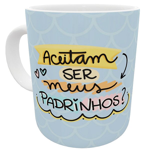 Caneca convite para padrinhos presente dindos fofo azul