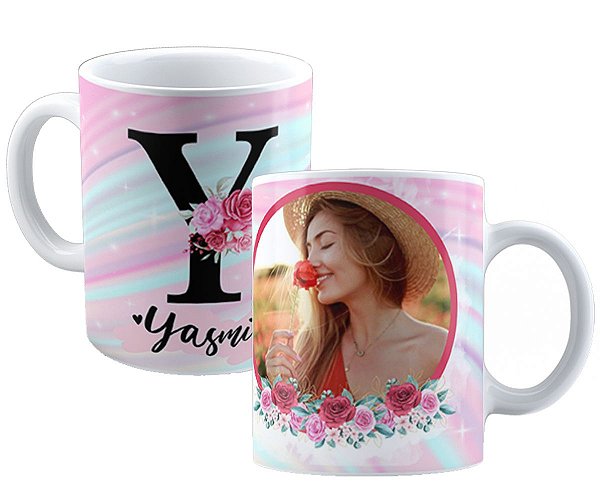 Caneca inicial com qualquer nome personalizado com foto