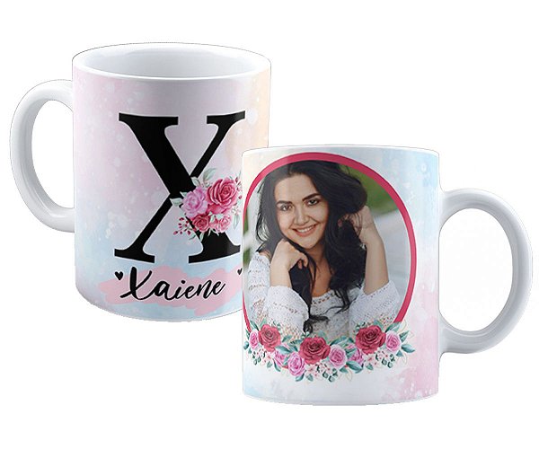 Caneca inicial+qualquer nome com foto personalizada presente