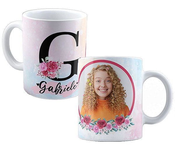 Caneca floral nome+inicia personalizados com foto presente