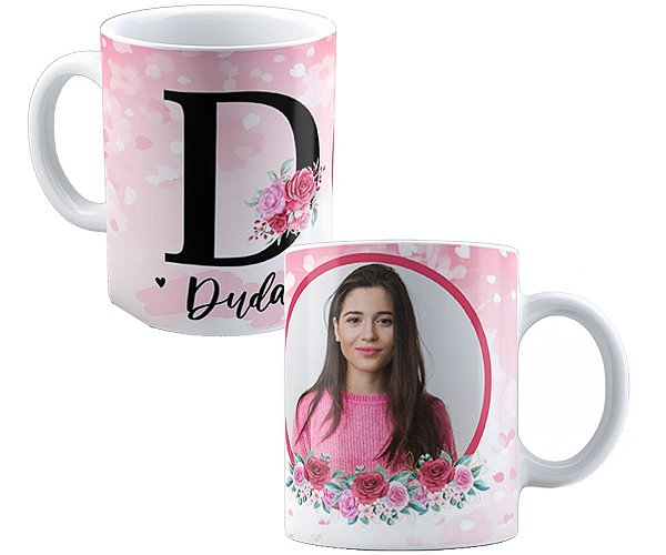 Caneca com foto qualquer nome e inicial personalizados rosas