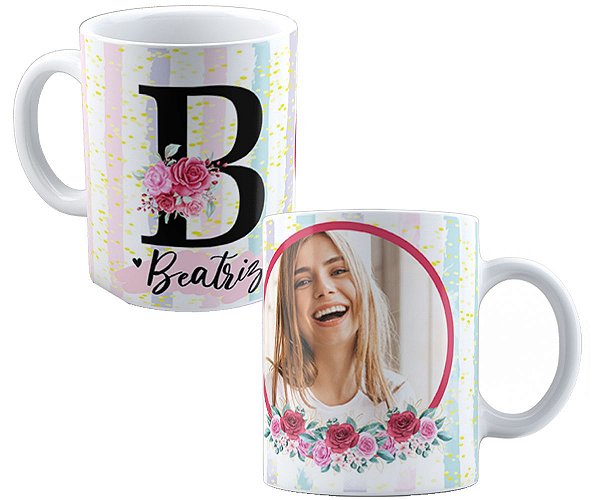 Caneca inicial com qualquer nome+foto personalizado floral