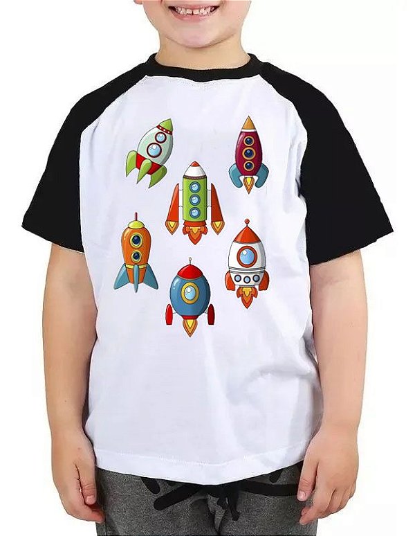 Camiseta Infantil foguetes tipos de espaço nave menino