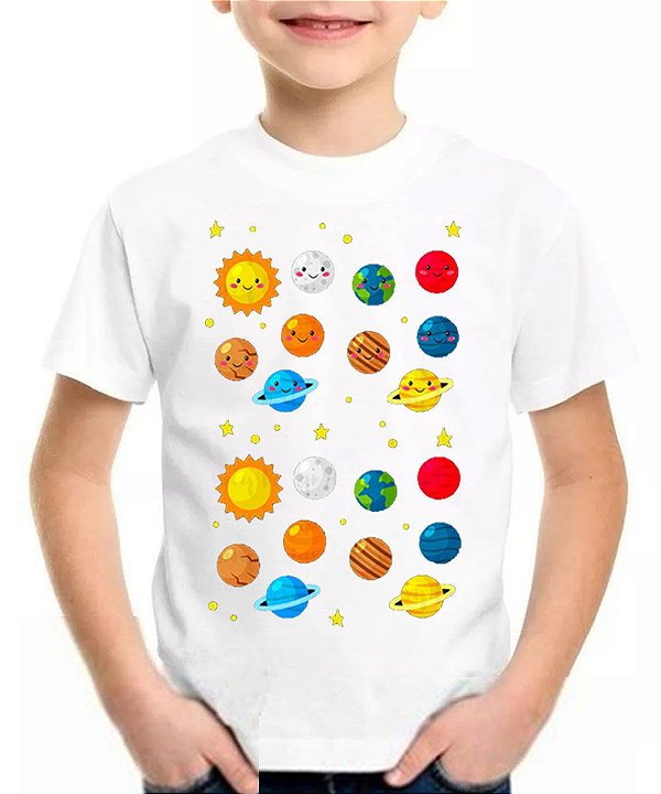 Camiseta infantil tipo de planetas sistema solar galáxia