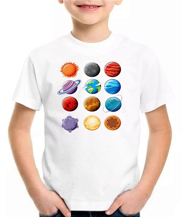 Camiseta infantil tipos de planeta sistema solar espaço