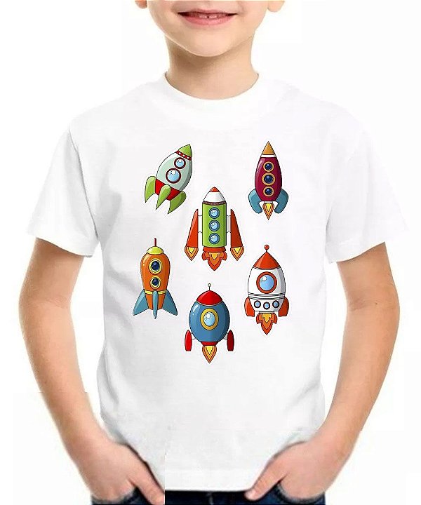 Camiseta Infantil tipos de foguete espaço nave galaxia
