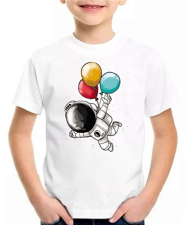 Camiseta Infantil Espaço astronauta balão galáxia camisa