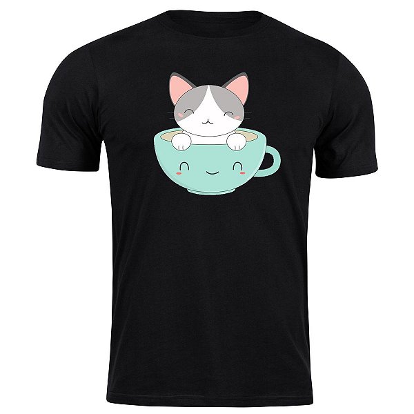 Camiseta algodão gatinho na caneca camisa blusa fofo gato