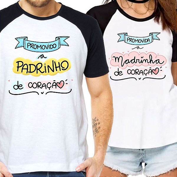 Kit c/2 camisetas promovidos a pardinho madrinha do coração