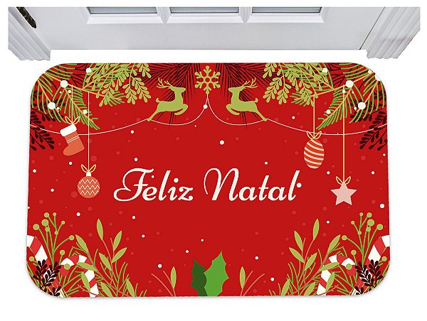 Capacho de porta feliz natal vermelho renas tapete 40x60
