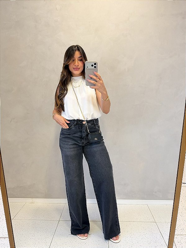 Calça Wide Leg Jeans Preto Estonado