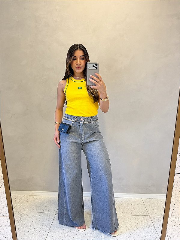 Calça Pantalona Jeans Cinza Marmorizado