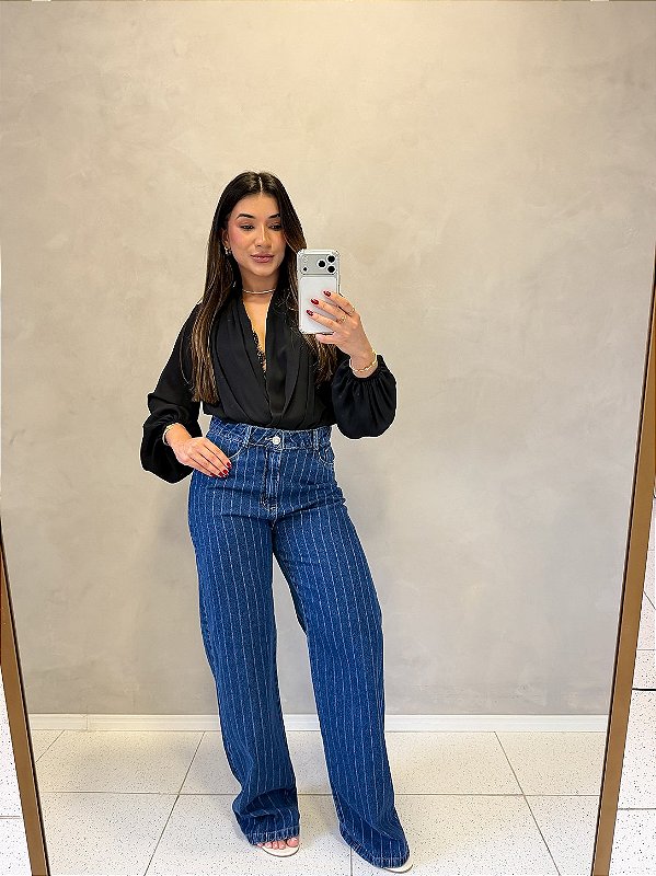 Calca Wide Leg Jeans Listrado