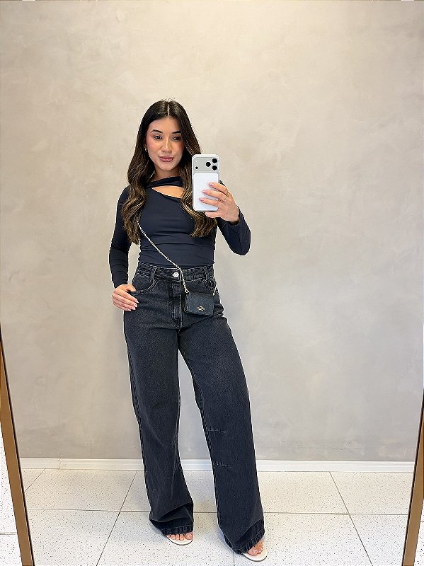 Calça Jeans Wide Leg Preto Estonado