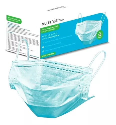 Máscara 3 Camadas Tripla Descartável Azul - Caixa com 50 Unidades - Multilaser Saúde - HC500