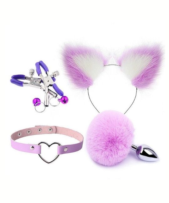 Kit Rabo de Coelha Com Tiara de Orelhas, Grampos Para Seios e Gargantilha