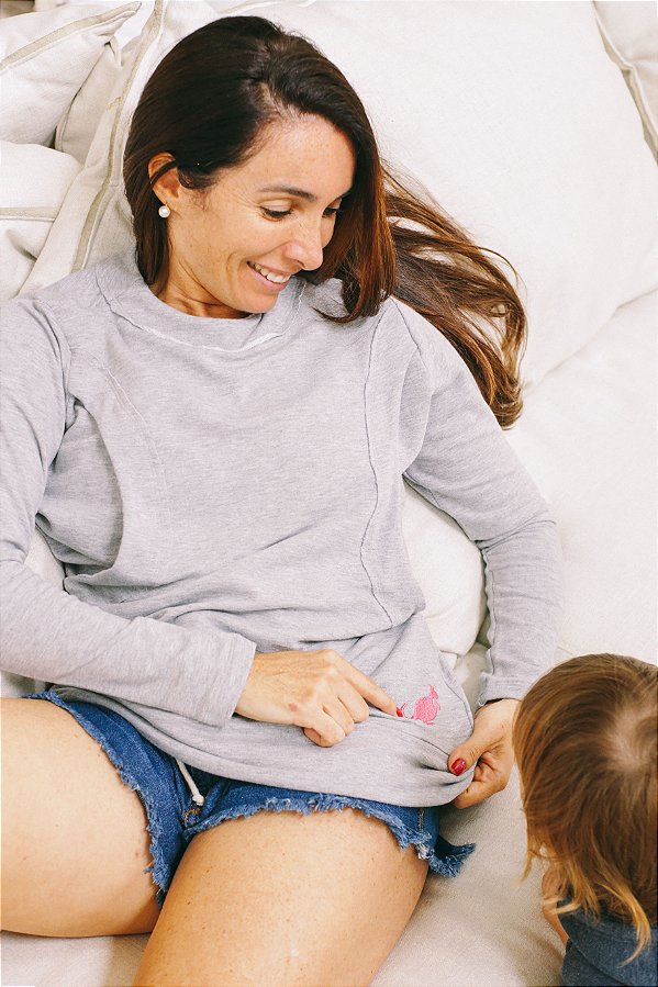 Blusão de moletom Cinza Mescla Ultra Comfy para amamentar e gestação.