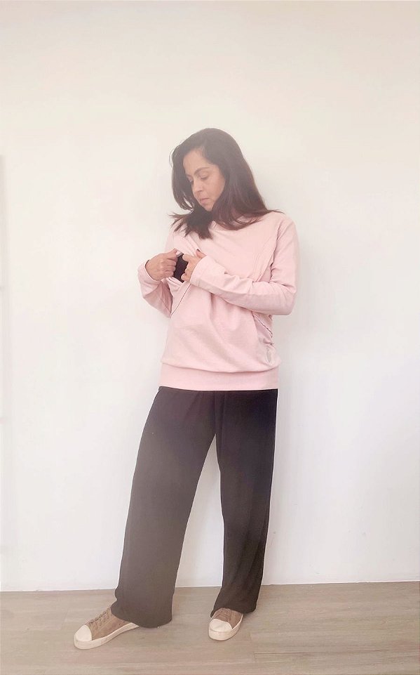 Blusão de moletom para amamentar e gestação ROSA CLARO