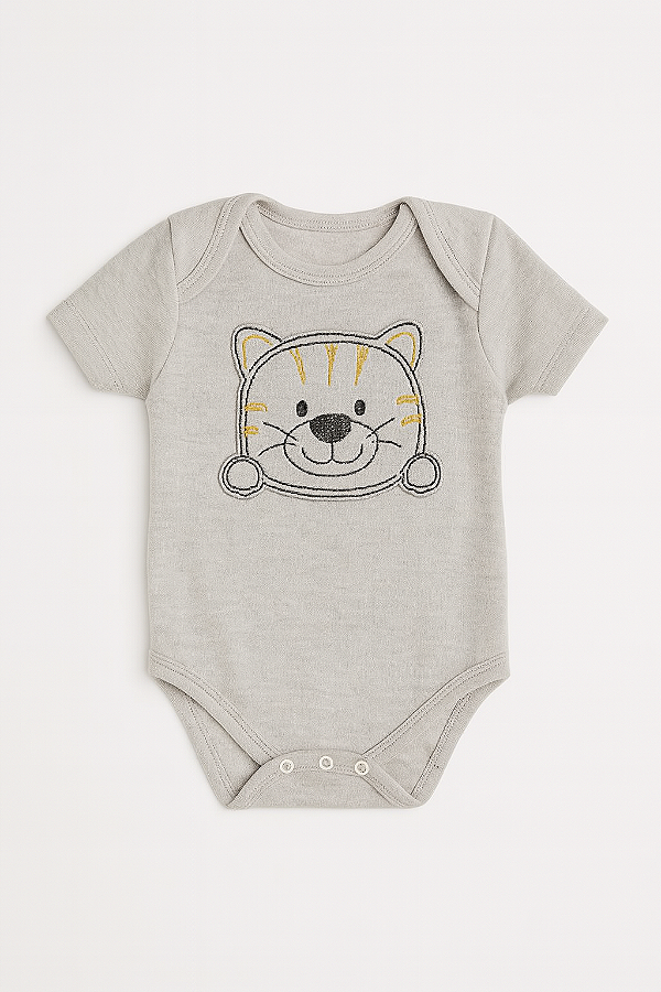 Body Bordado Gatinho Feliz Cinza Xinenem