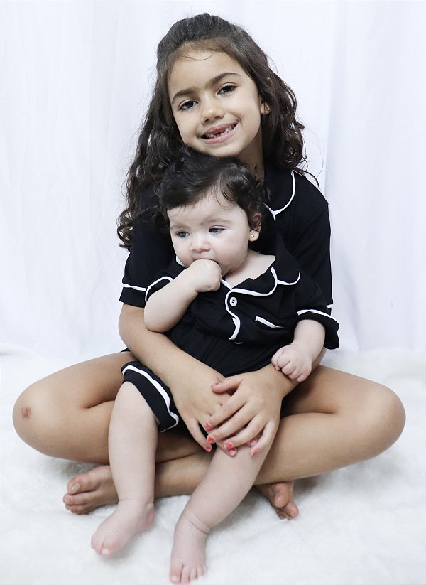 ENCOMENDA - Pijama Infantil Unissex Americano Botões Curto Preto