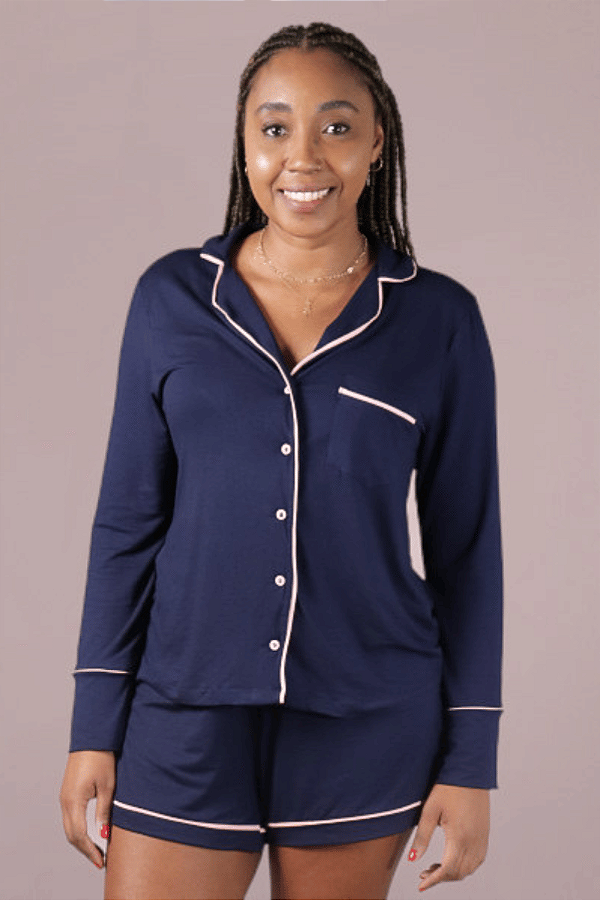 Pijama Lorena Americano Botões Blusa Longa e Short Azul Marinho