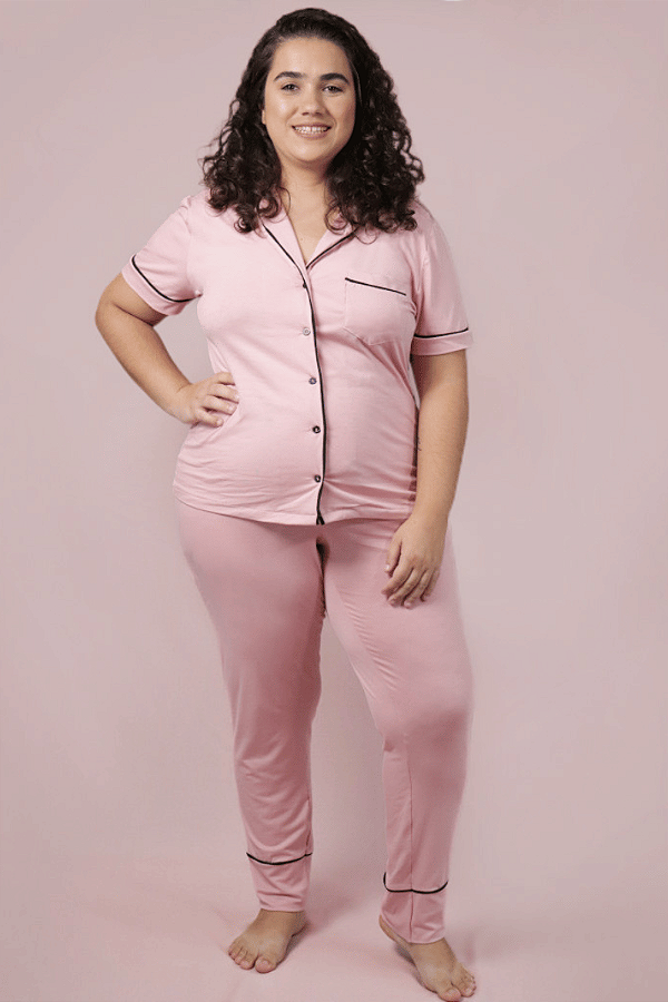 Pijama Renata Americano Botões Blusa Curta e Calça Rosa Claro