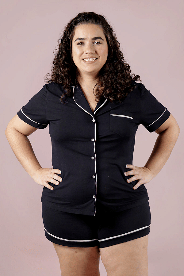 Pijama Giovana Americano Botões Blusa Curta e Short Preto