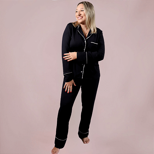 Pijama Polyanna Americano Botões Blusa Longa e Calça Preto