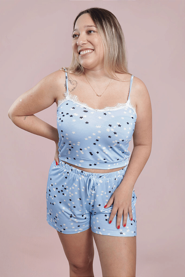 Pijama Carol Cropped com Renda e Short Estampa Estrelinhas